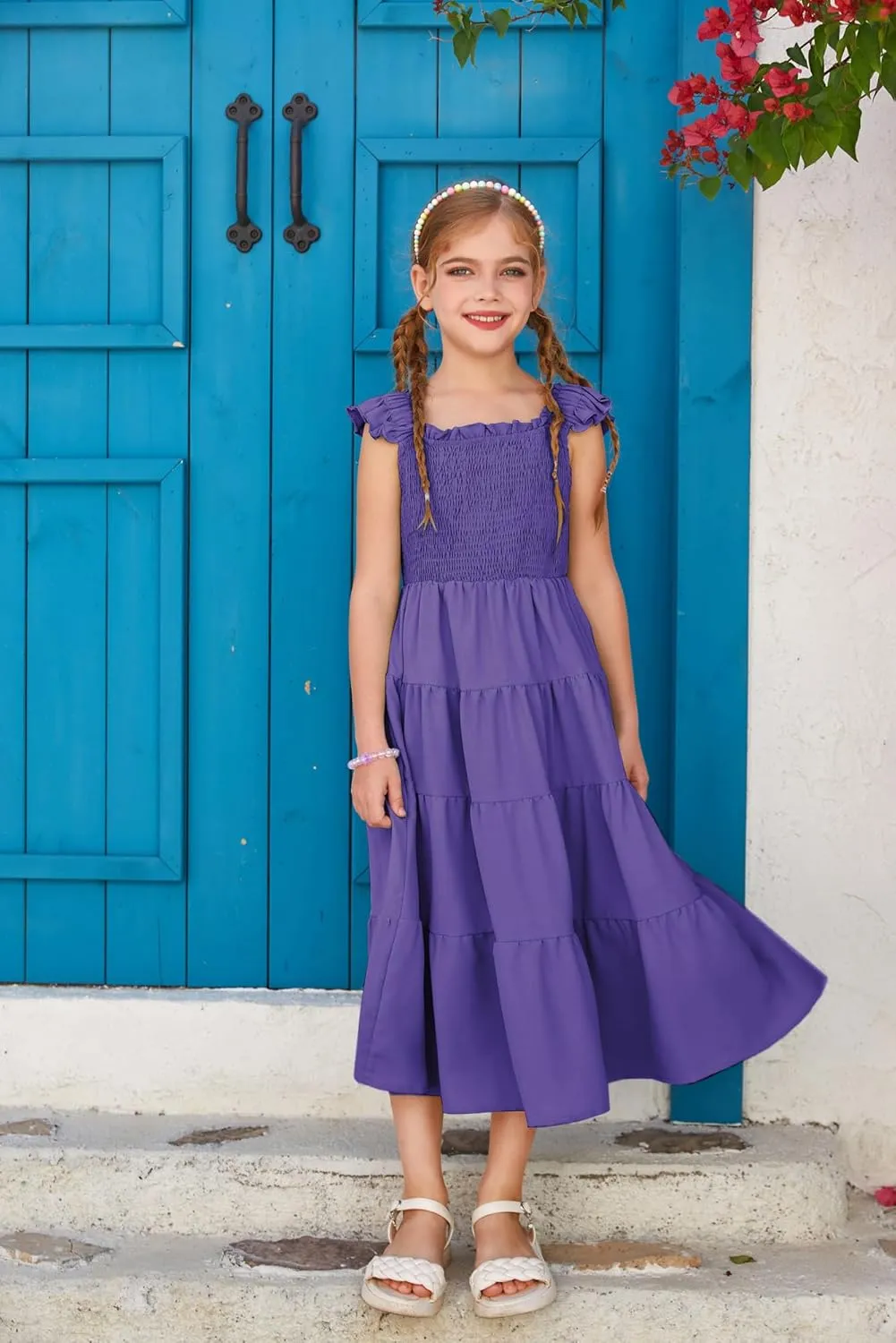 GRACE KARIN Girls Dress Summer Tie Back Party Dress Ruffle Sleeve Smoke Tiered Special Occasions Maxi Tween Dresses Size 5-14