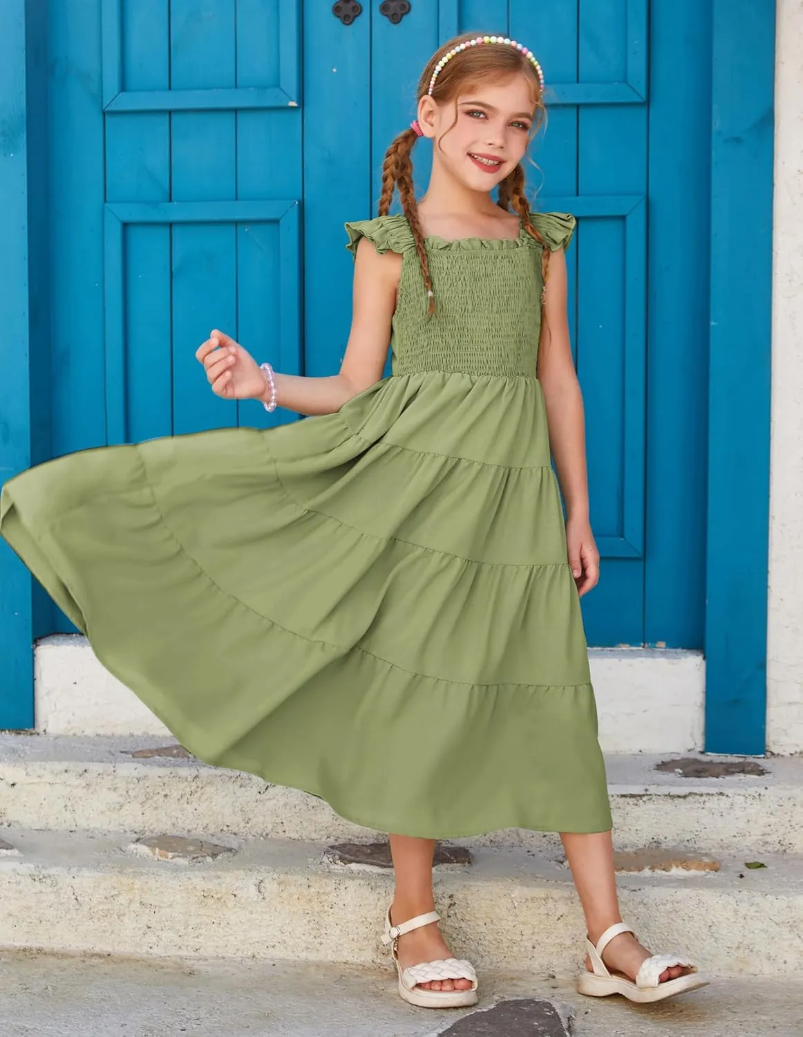 GRACE KARIN Girls Dress Summer Tie Back Party Dress Ruffle Sleeve Smoke Tiered Special Occasions Maxi Tween Dresses Size 5-14