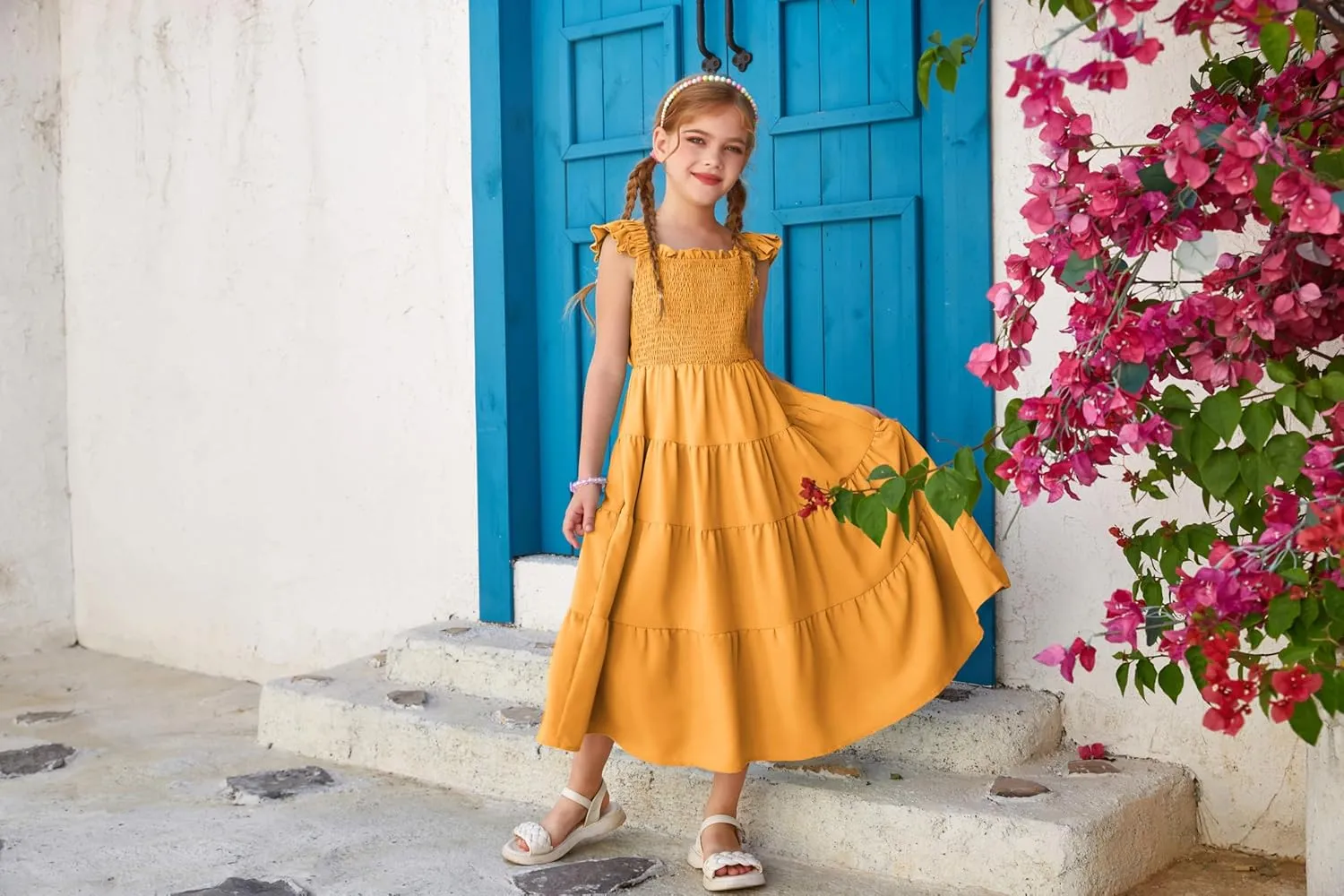 GRACE KARIN Girls Dress Summer Tie Back Party Dress Ruffle Sleeve Smoke Tiered Special Occasions Maxi Tween Dresses Size 5-14