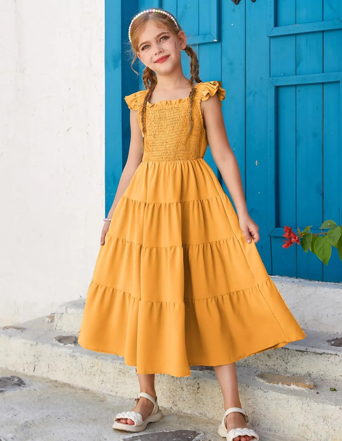 GRACE KARIN Girls Dress Summer Tie Back Party Dress Ruffle Sleeve Smoke Tiered Special Occasions Maxi Tween Dresses Size 5-14