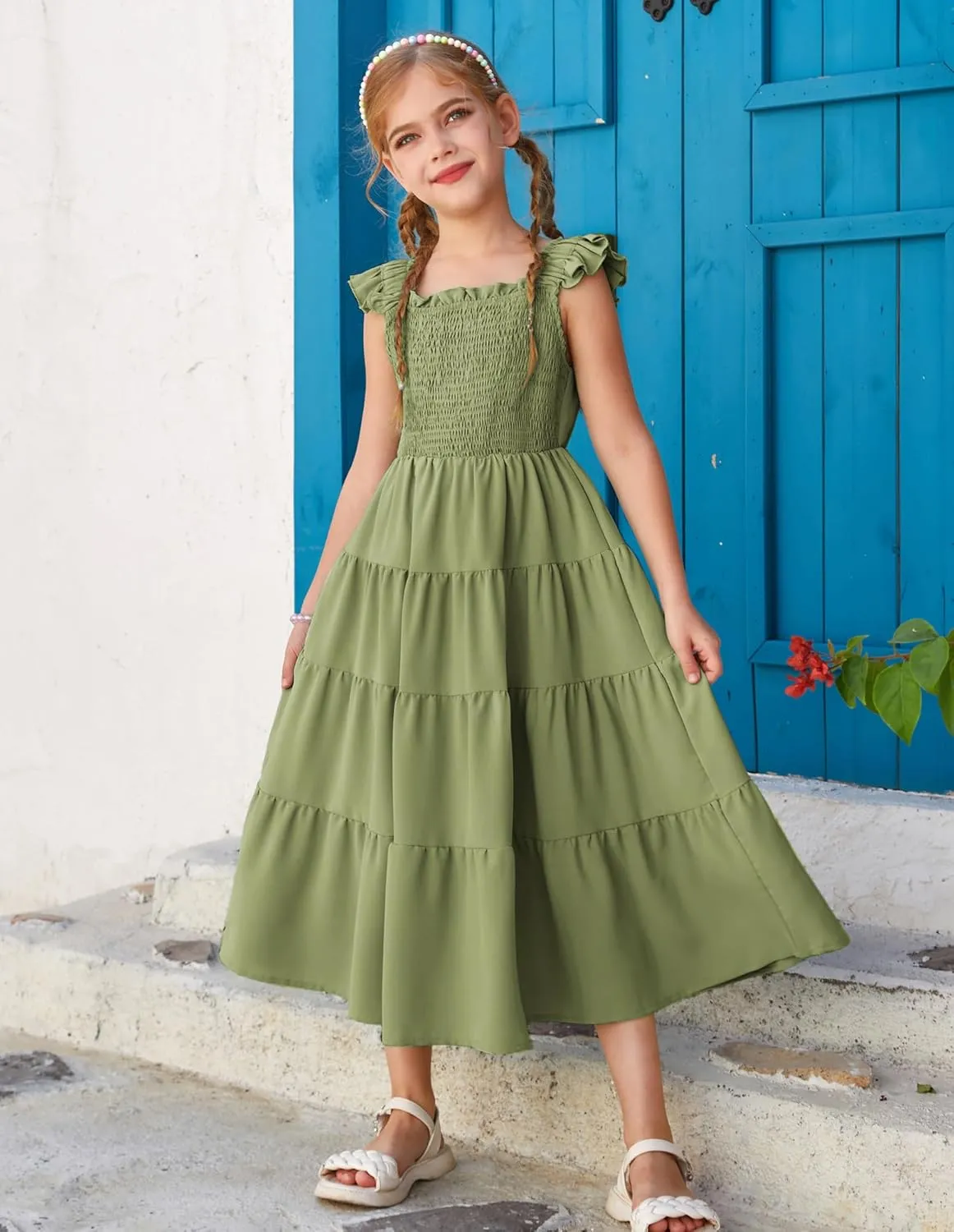GRACE KARIN Girls Dress Summer Tie Back Party Dress Ruffle Sleeve Smoke Tiered Special Occasions Maxi Tween Dresses Size 5-14