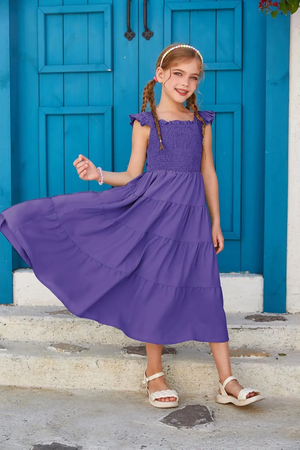 GRACE KARIN Girls Dress Summer Tie Back Party Dress Ruffle Sleeve Smoke Tiered Special Occasions Maxi Tween Dresses Size 5-14