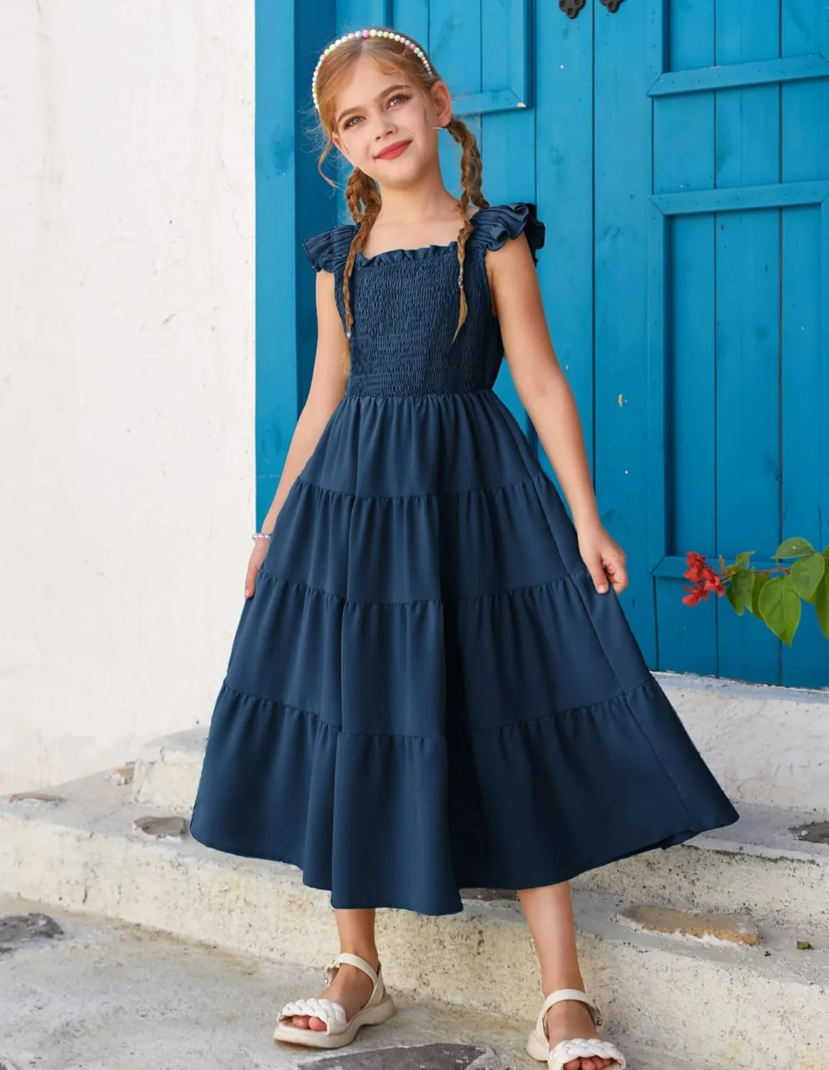 GRACE KARIN Girls Dress Summer Tie Back Party Dress Ruffle Sleeve Smoke Tiered Special Occasions Maxi Tween Dresses Size 5-14