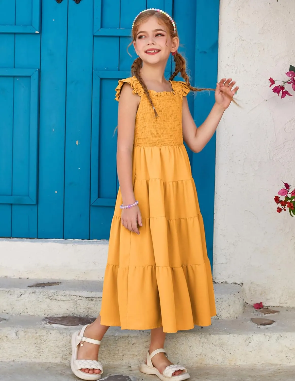 GRACE KARIN Girls Dress Summer Tie Back Party Dress Ruffle Sleeve Smoke Tiered Special Occasions Maxi Tween Dresses Size 5-14
