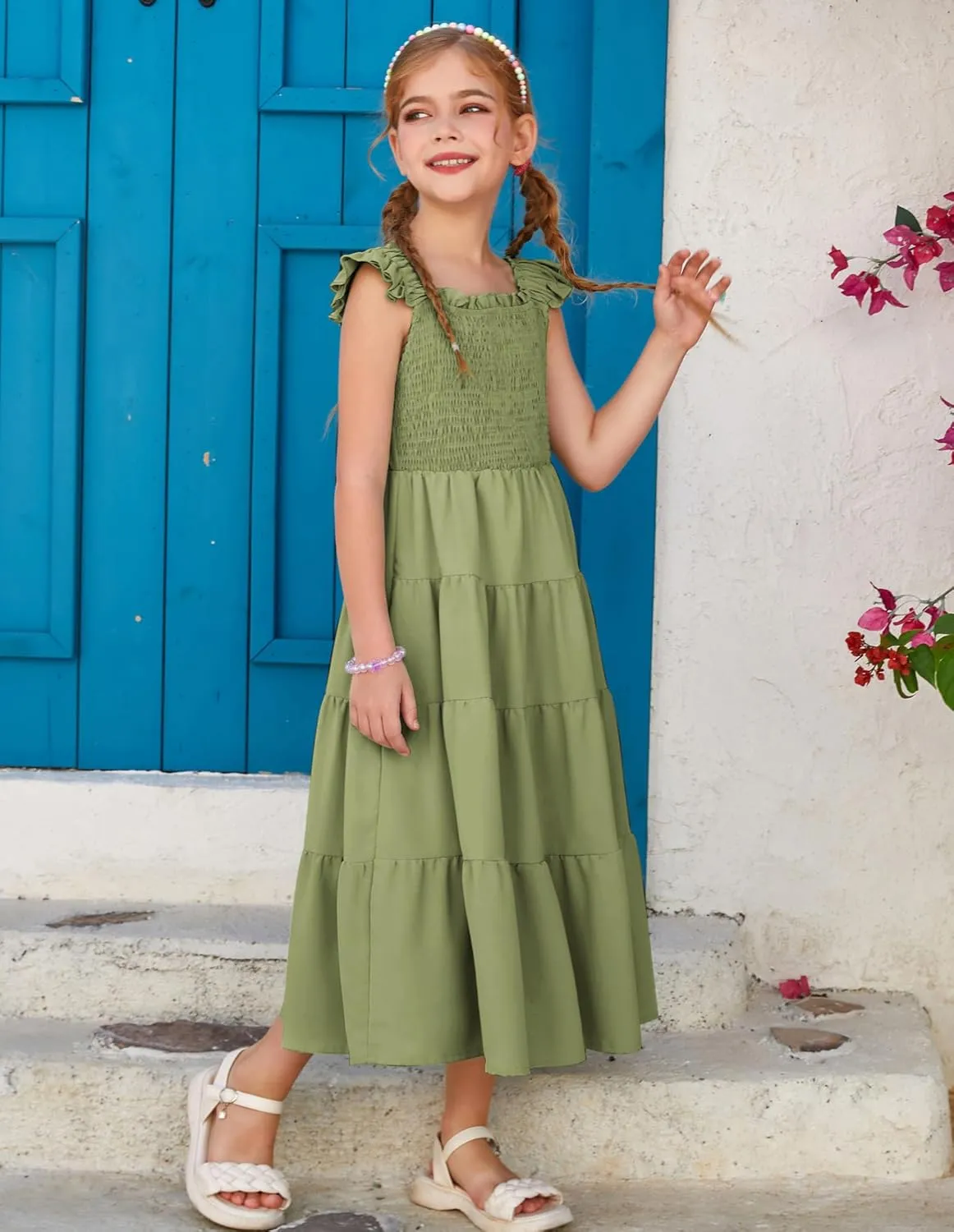 GRACE KARIN Girls Dress Summer Tie Back Party Dress Ruffle Sleeve Smoke Tiered Special Occasions Maxi Tween Dresses Size 5-14