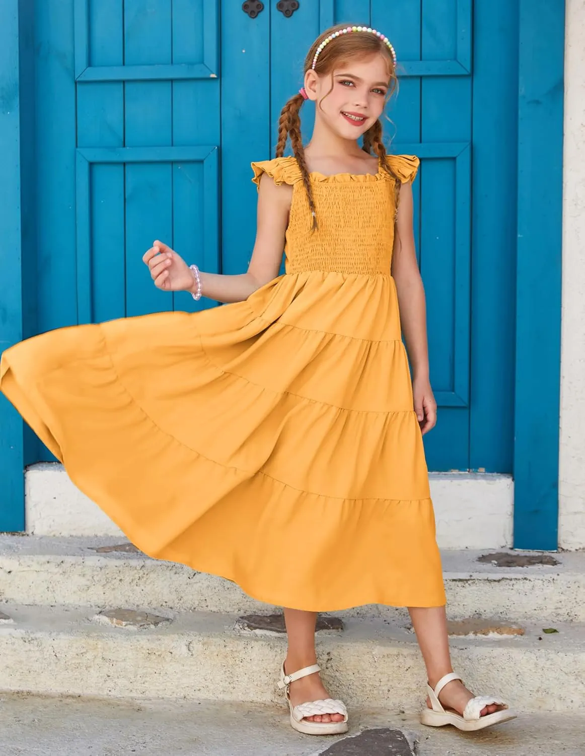 GRACE KARIN Girls Dress Summer Tie Back Party Dress Ruffle Sleeve Smoke Tiered Special Occasions Maxi Tween Dresses Size 5-14