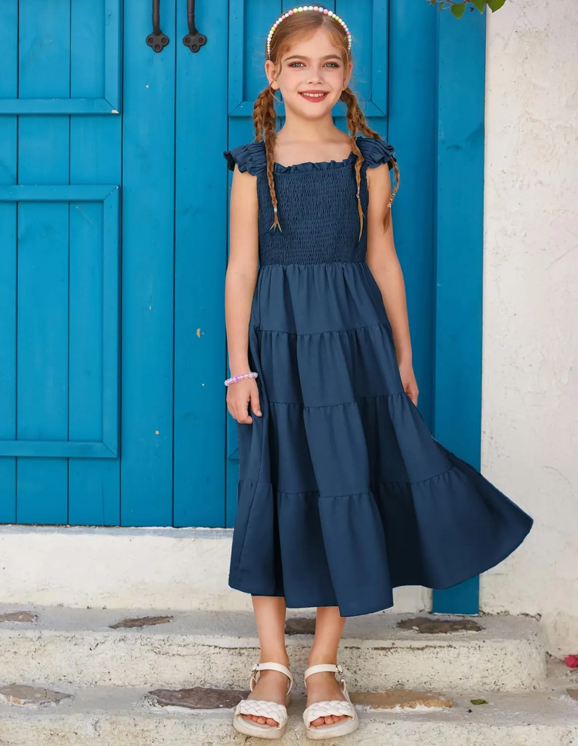 GRACE KARIN Girls Dress Summer Tie Back Party Dress Ruffle Sleeve Smoke Tiered Special Occasions Maxi Tween Dresses Size 5-14