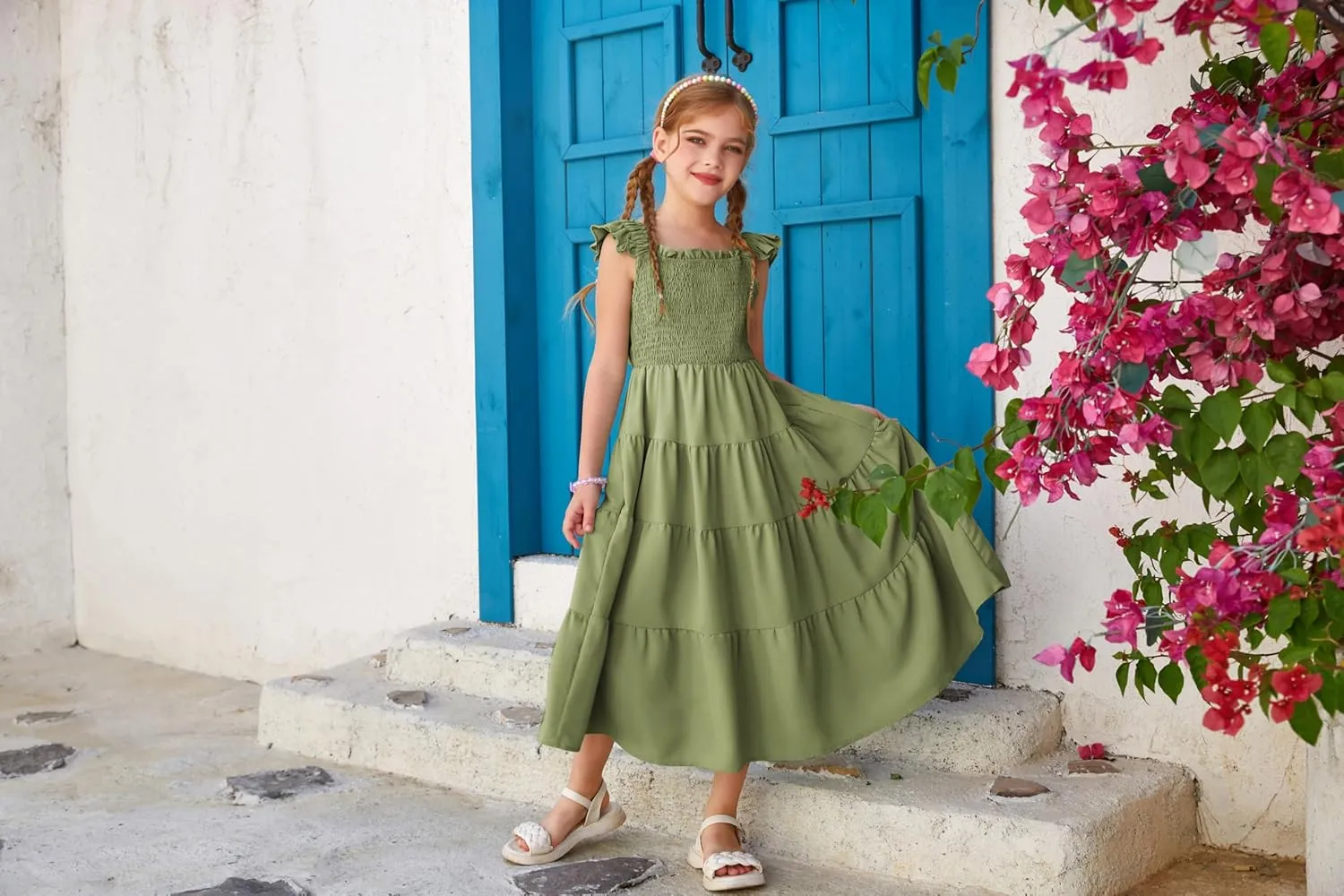GRACE KARIN Girls Dress Summer Tie Back Party Dress Ruffle Sleeve Smoke Tiered Special Occasions Maxi Tween Dresses Size 5-14