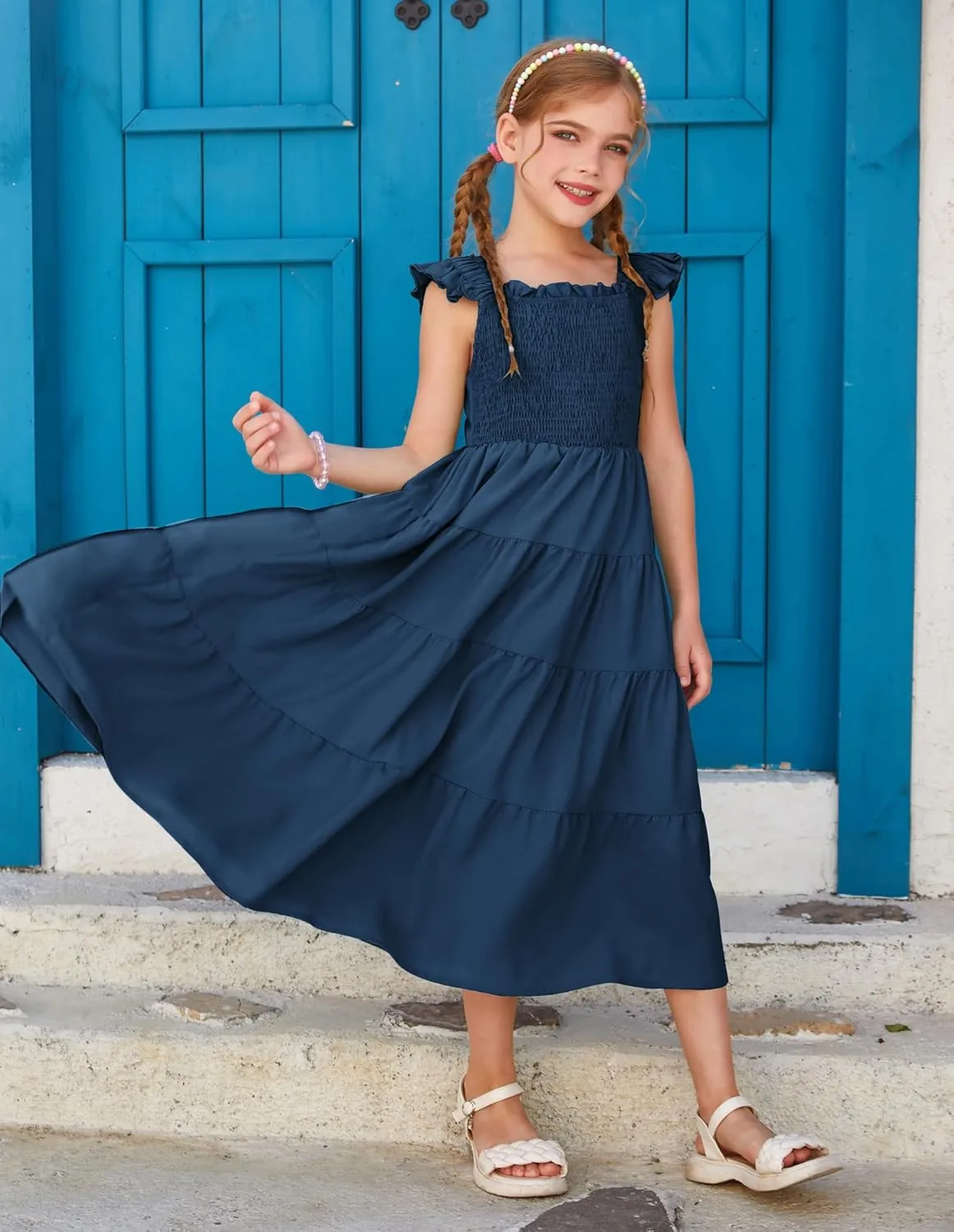 GRACE KARIN Girls Dress Summer Tie Back Party Dress Ruffle Sleeve Smoke Tiered Special Occasions Maxi Tween Dresses Size 5-14