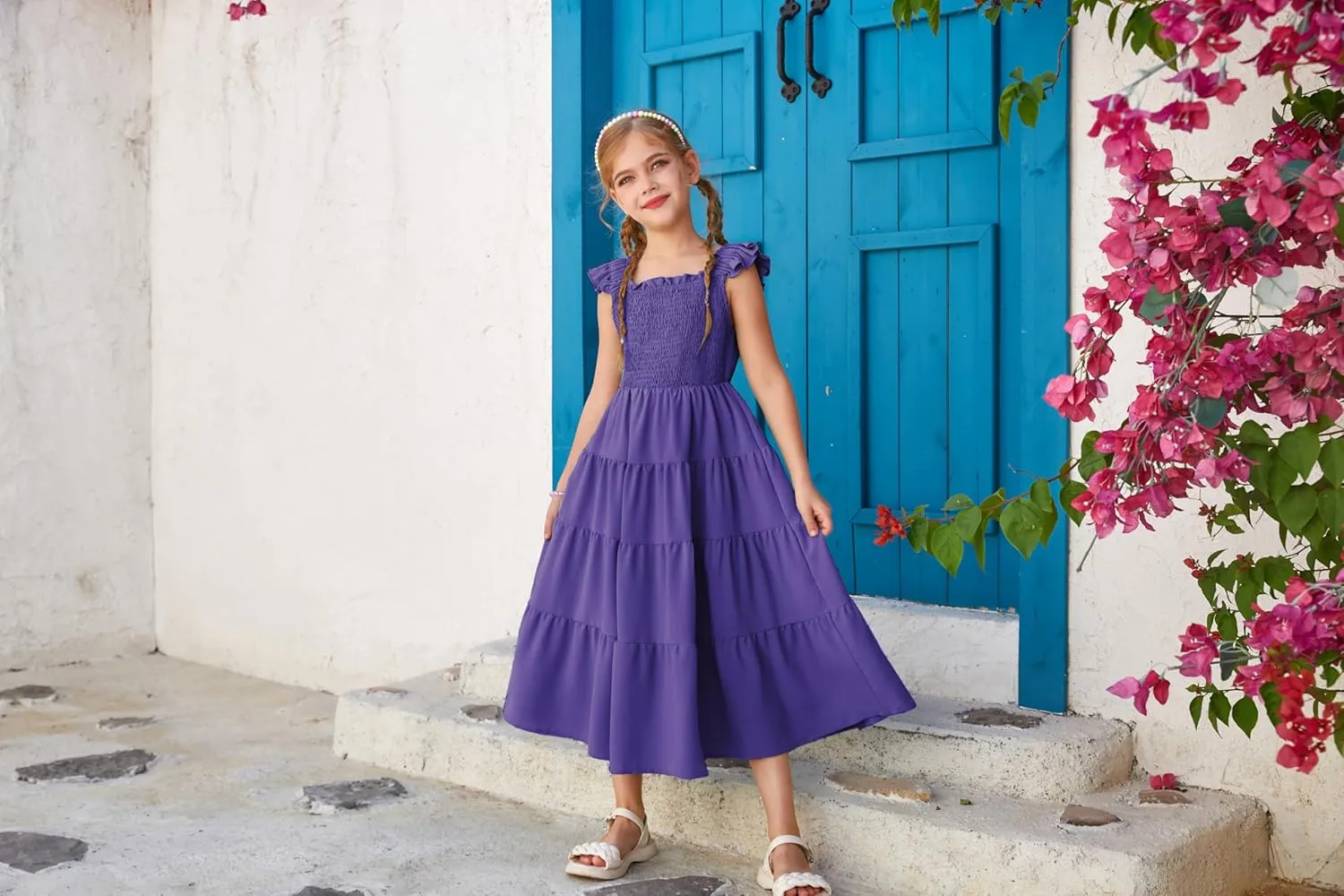 GRACE KARIN Girls Dress Summer Tie Back Party Dress Ruffle Sleeve Smoke Tiered Special Occasions Maxi Tween Dresses Size 5-14