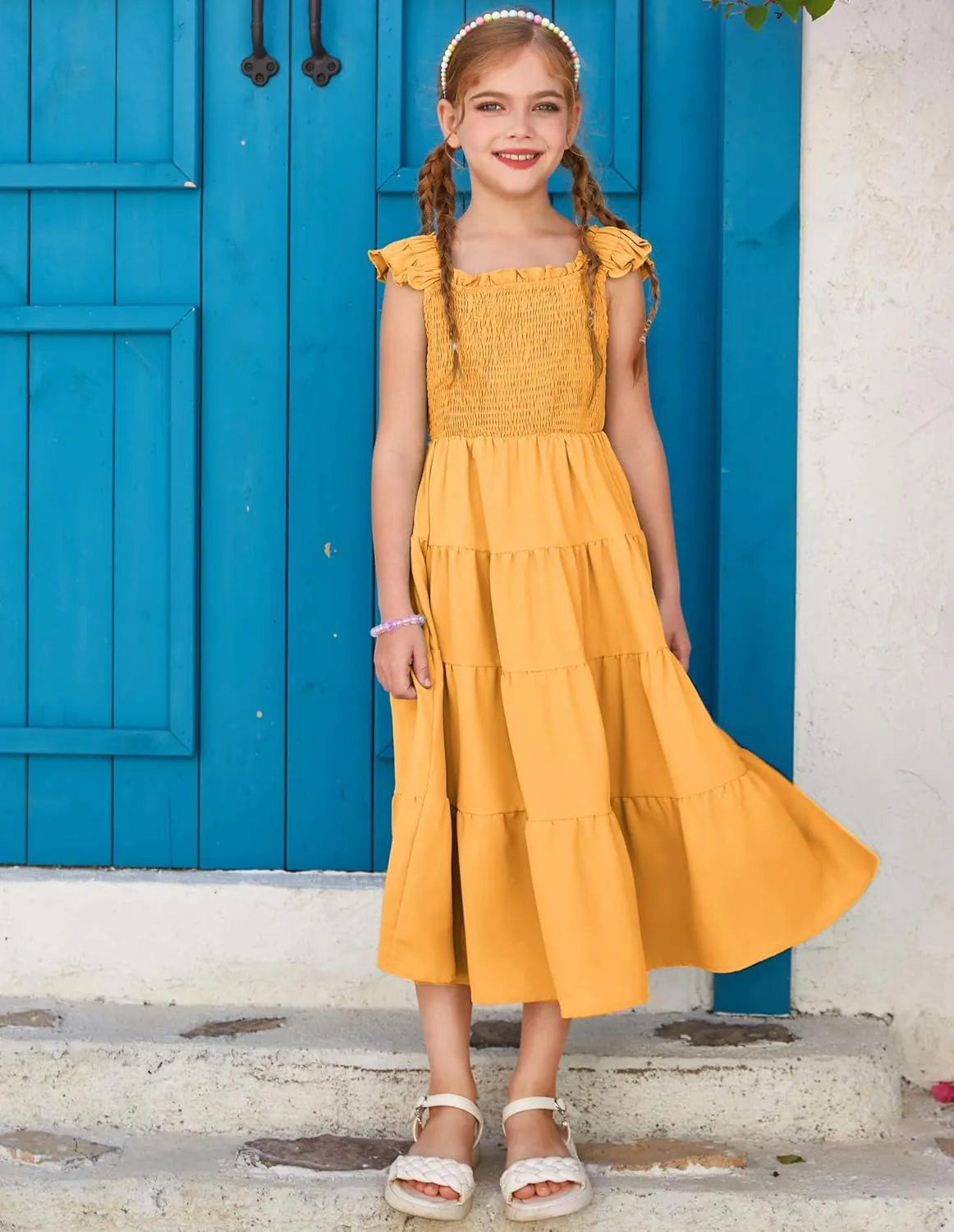 GRACE KARIN Girls Dress Summer Tie Back Party Dress Ruffle Sleeve Smoke Tiered Special Occasions Maxi Tween Dresses Size 5-14