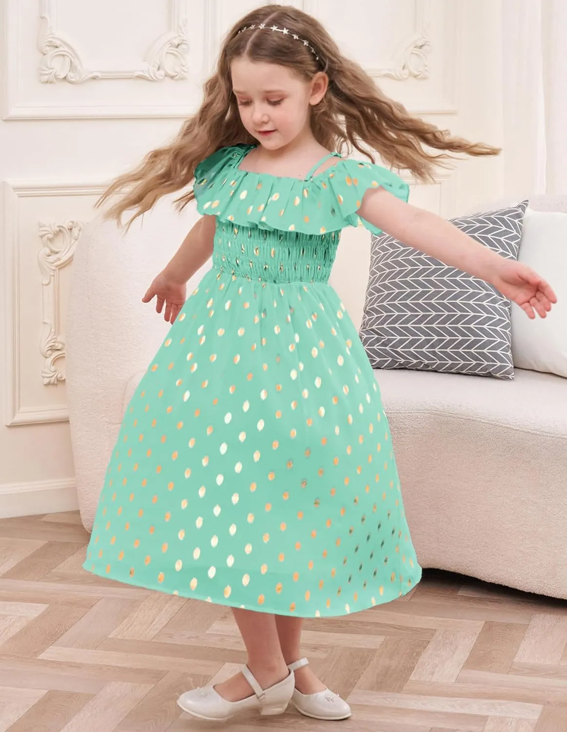 GRACE KARIN Girls Off Shoulder Dress Sleeveless Ruffle Spaghetti Straps Smocked A-Line Chiffon Dress 5-14Y
