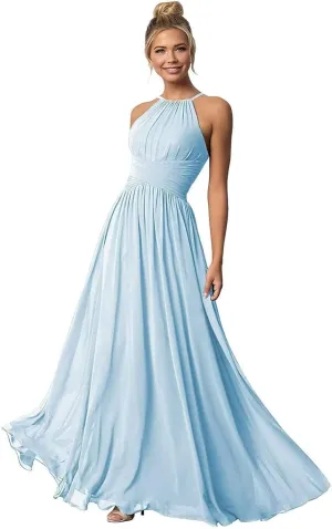 Halter Bridesmaid Dresses Backless Chiffon Long Bridesmaid Dress Evening Dresses for Women Formal with Pockets