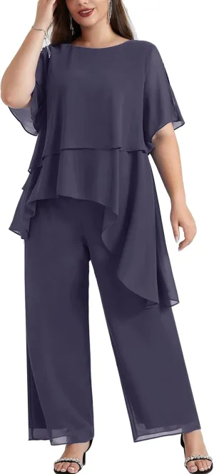 Hanna Nikole 2025 Plus Size Mother of The Bride Pant Suits 2 Piece Chiffon Sets Ruffle Asymmetric Layers Wedding Guest Outfit