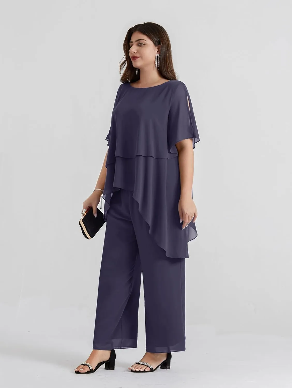 Hanna Nikole 2025 Plus Size Mother of The Bride Pant Suits 2 Piece Chiffon Sets Ruffle Asymmetric Layers Wedding Guest Outfit