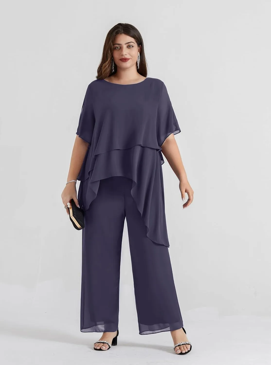 Hanna Nikole 2025 Plus Size Mother of The Bride Pant Suits 2 Piece Chiffon Sets Ruffle Asymmetric Layers Wedding Guest Outfit