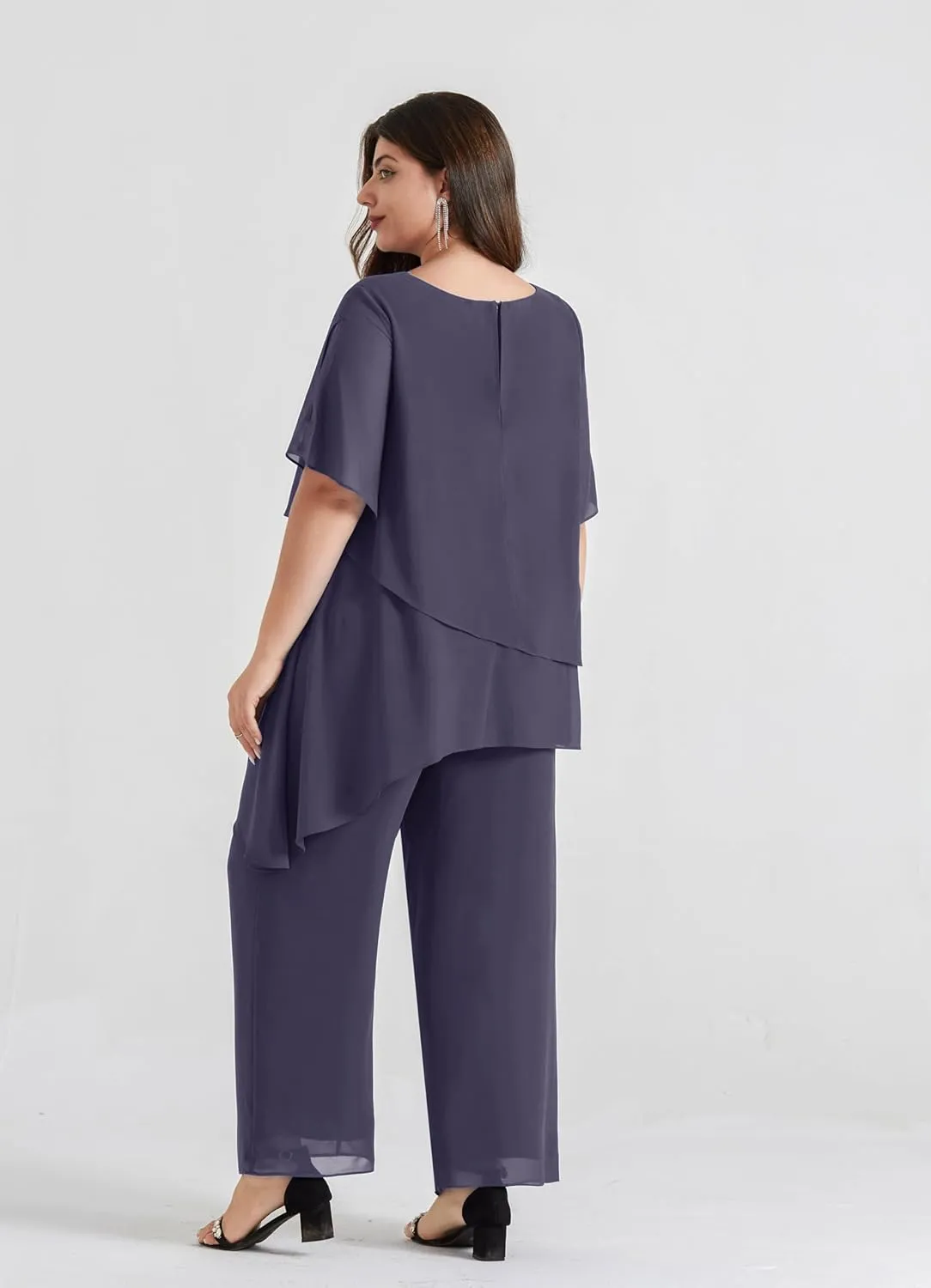 Hanna Nikole 2025 Plus Size Mother of The Bride Pant Suits 2 Piece Chiffon Sets Ruffle Asymmetric Layers Wedding Guest Outfit