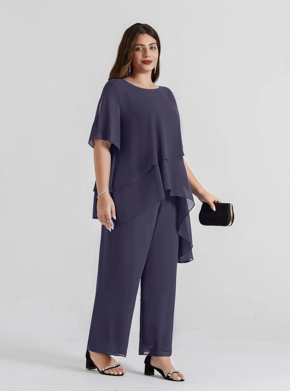 Hanna Nikole 2025 Plus Size Mother of The Bride Pant Suits 2 Piece Chiffon Sets Ruffle Asymmetric Layers Wedding Guest Outfit