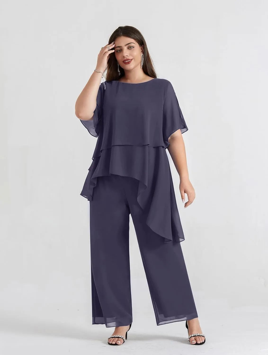 Hanna Nikole 2025 Plus Size Mother of The Bride Pant Suits 2 Piece Chiffon Sets Ruffle Asymmetric Layers Wedding Guest Outfit