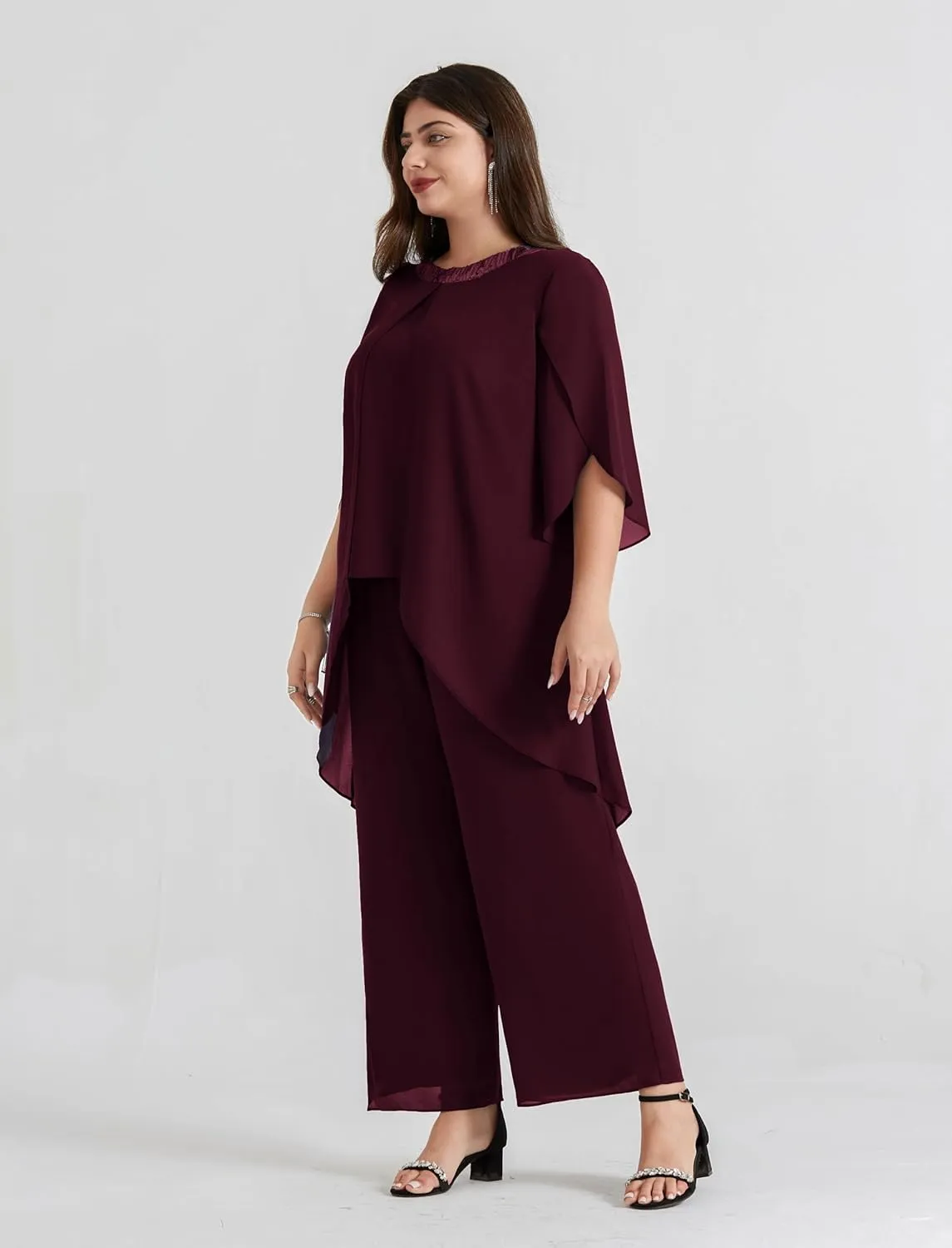 Hanna Nikole Plus Size Mother of The Bride Pant Suits 2 Piece Chiffon Sets Dressy Wedding Guest Outfit with High Low Hem