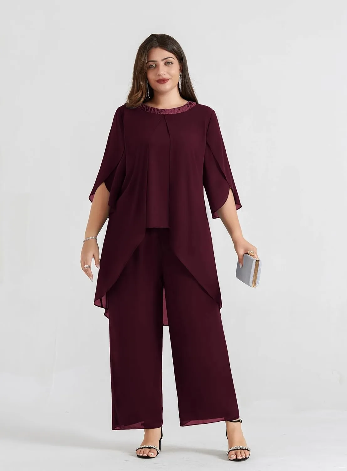Hanna Nikole Plus Size Mother of The Bride Pant Suits 2 Piece Chiffon Sets Dressy Wedding Guest Outfit with High Low Hem