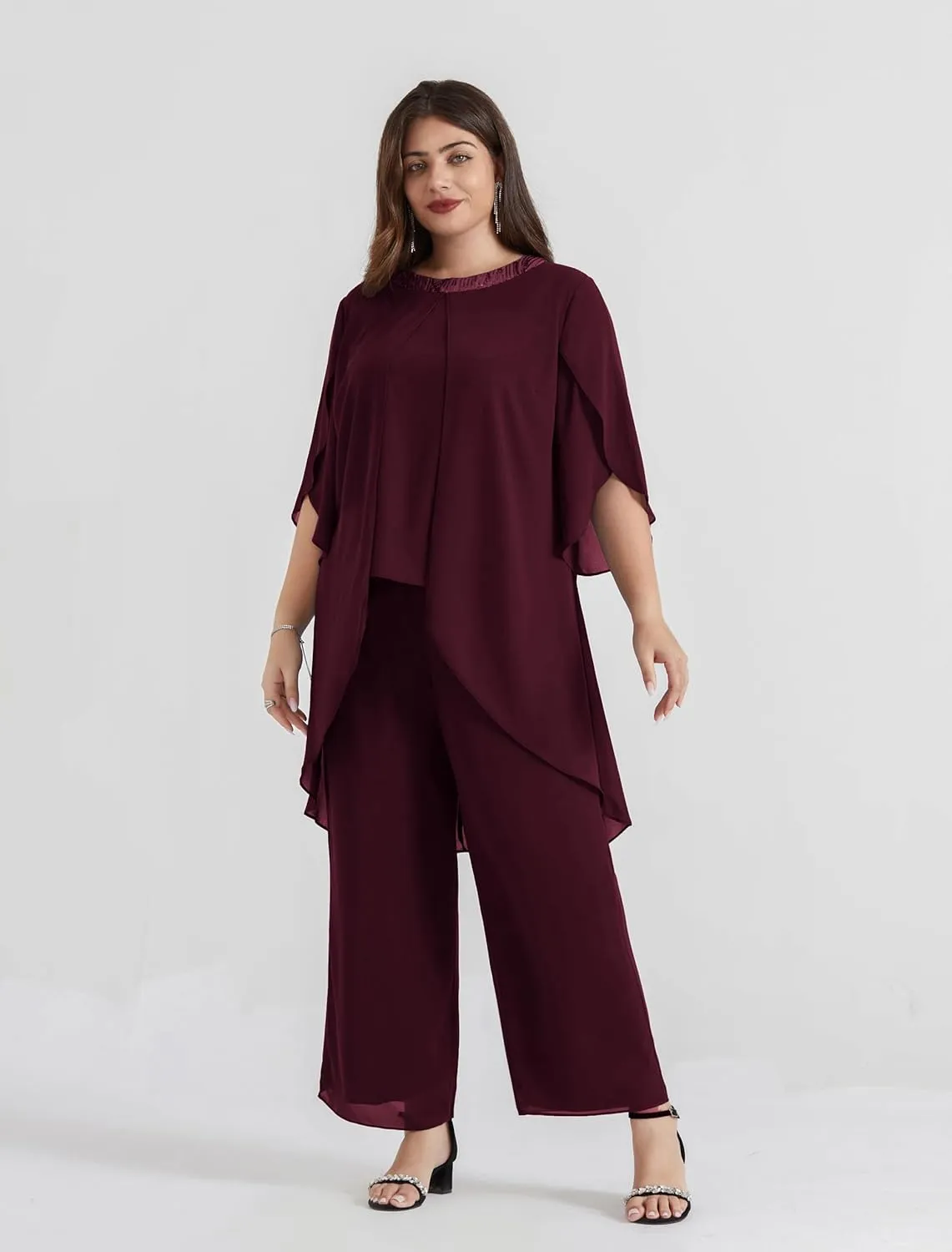 Hanna Nikole Plus Size Mother of The Bride Pant Suits 2 Piece Chiffon Sets Dressy Wedding Guest Outfit with High Low Hem