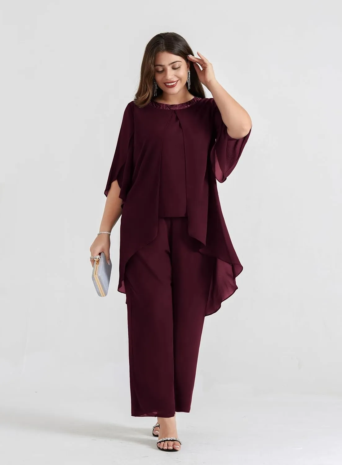 Hanna Nikole Plus Size Mother of The Bride Pant Suits 2 Piece Chiffon Sets Dressy Wedding Guest Outfit with High Low Hem