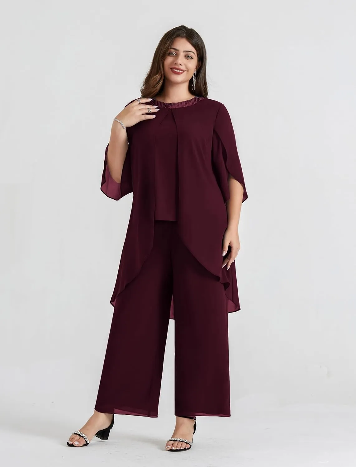 Hanna Nikole Plus Size Mother of The Bride Pant Suits 2 Piece Chiffon Sets Dressy Wedding Guest Outfit with High Low Hem