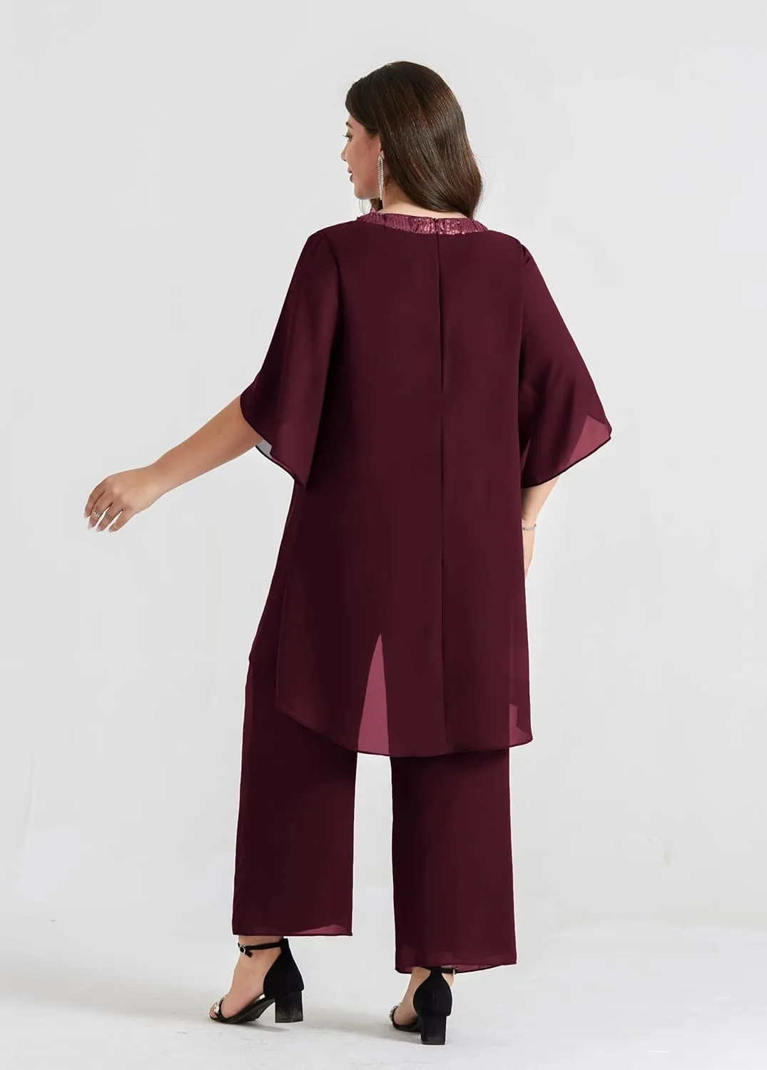 Hanna Nikole Plus Size Mother of The Bride Pant Suits 2 Piece Chiffon Sets Dressy Wedding Guest Outfit with High Low Hem