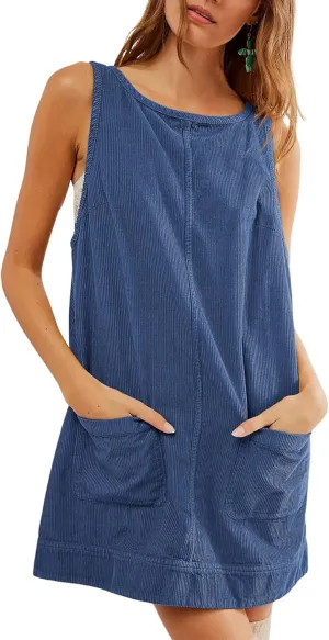 Hooever Women's Corduroy Overall Dress Round Neck A Line Skirtall Jumper Mini Dress Pinafore with Pockets