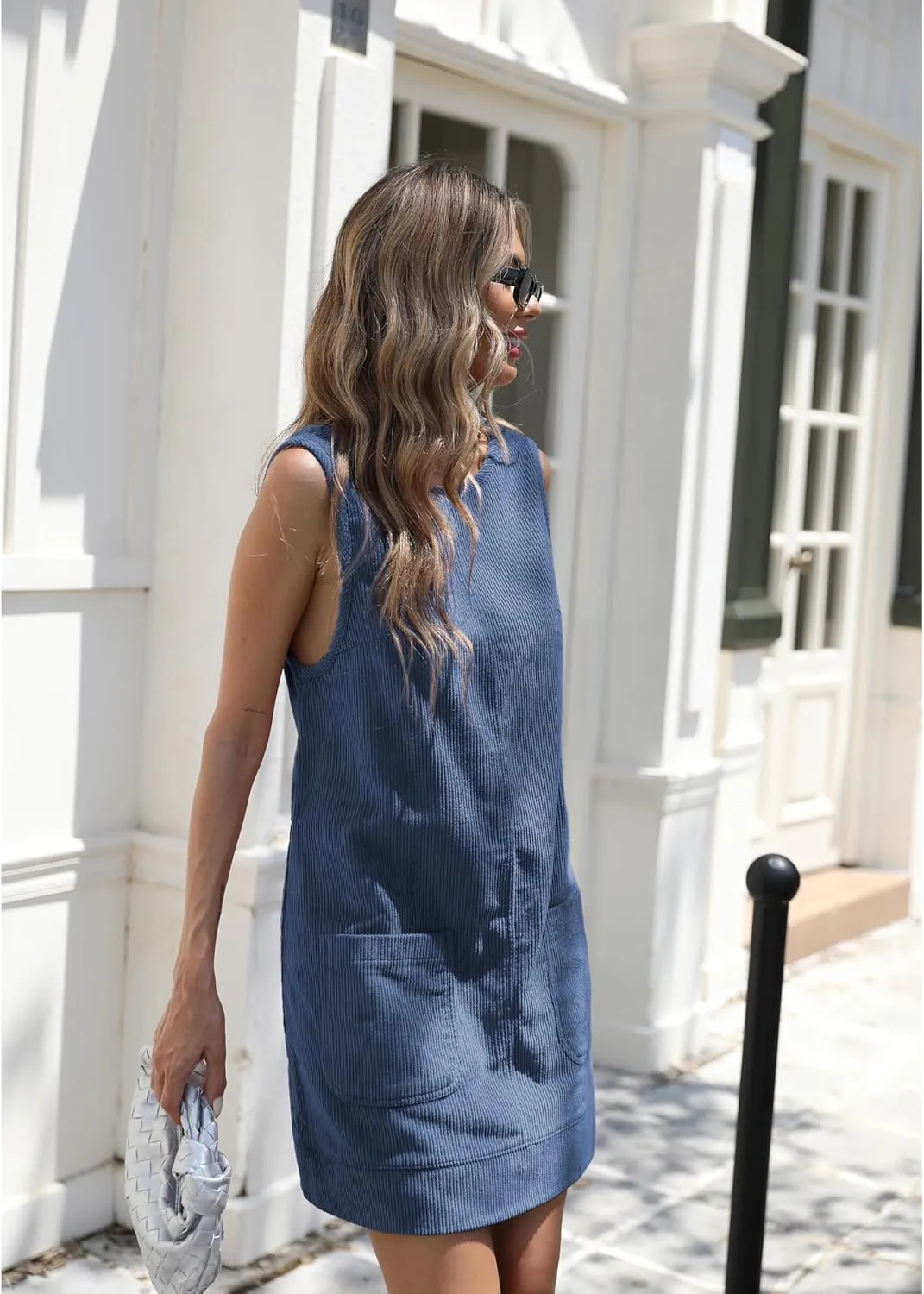 Hooever Women's Corduroy Overall Dress Round Neck A Line Skirtall Jumper Mini Dress Pinafore with Pockets