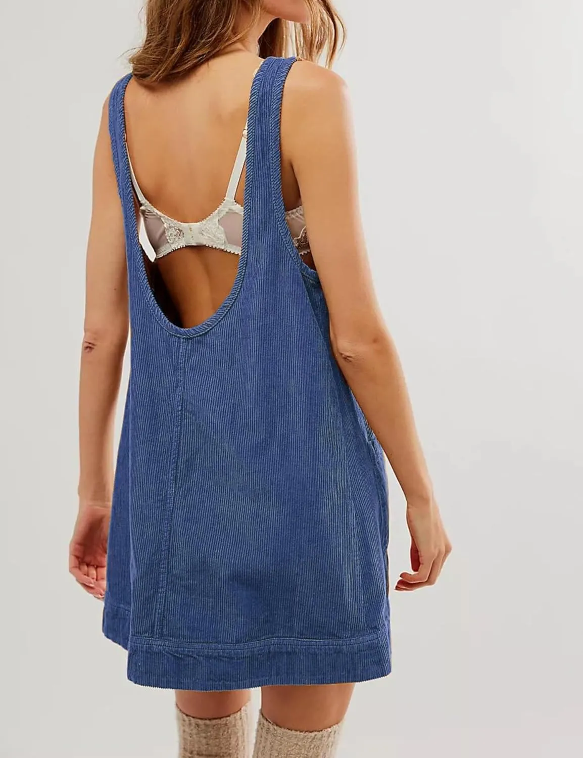 Hooever Women's Corduroy Overall Dress Round Neck A Line Skirtall Jumper Mini Dress Pinafore with Pockets