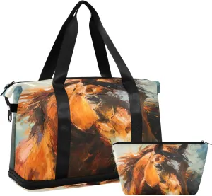 Horse Painting2 Sports Gym Bag with Waterproof Dry Wet Pocket, Travel Duffel Bag for Women MenWorkout Bag Fits Yoga, Swimming
