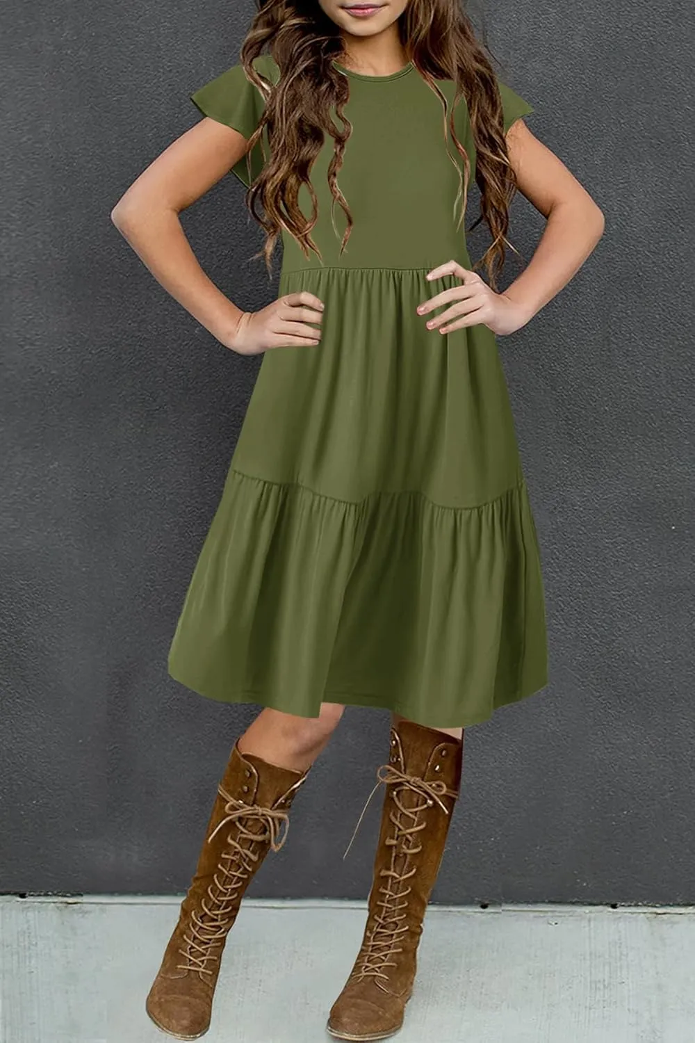 HOSIKA Girls Summer Ruffle Short Sleeve Crew Neck Loose Casual Flowy Tiered Short Dress with Pockets for 6-12 Y
