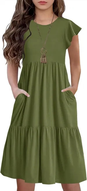 HOSIKA Girls Summer Ruffle Short Sleeve Crew Neck Loose Casual Flowy Tiered Short Dress with Pockets for 6-12 Y