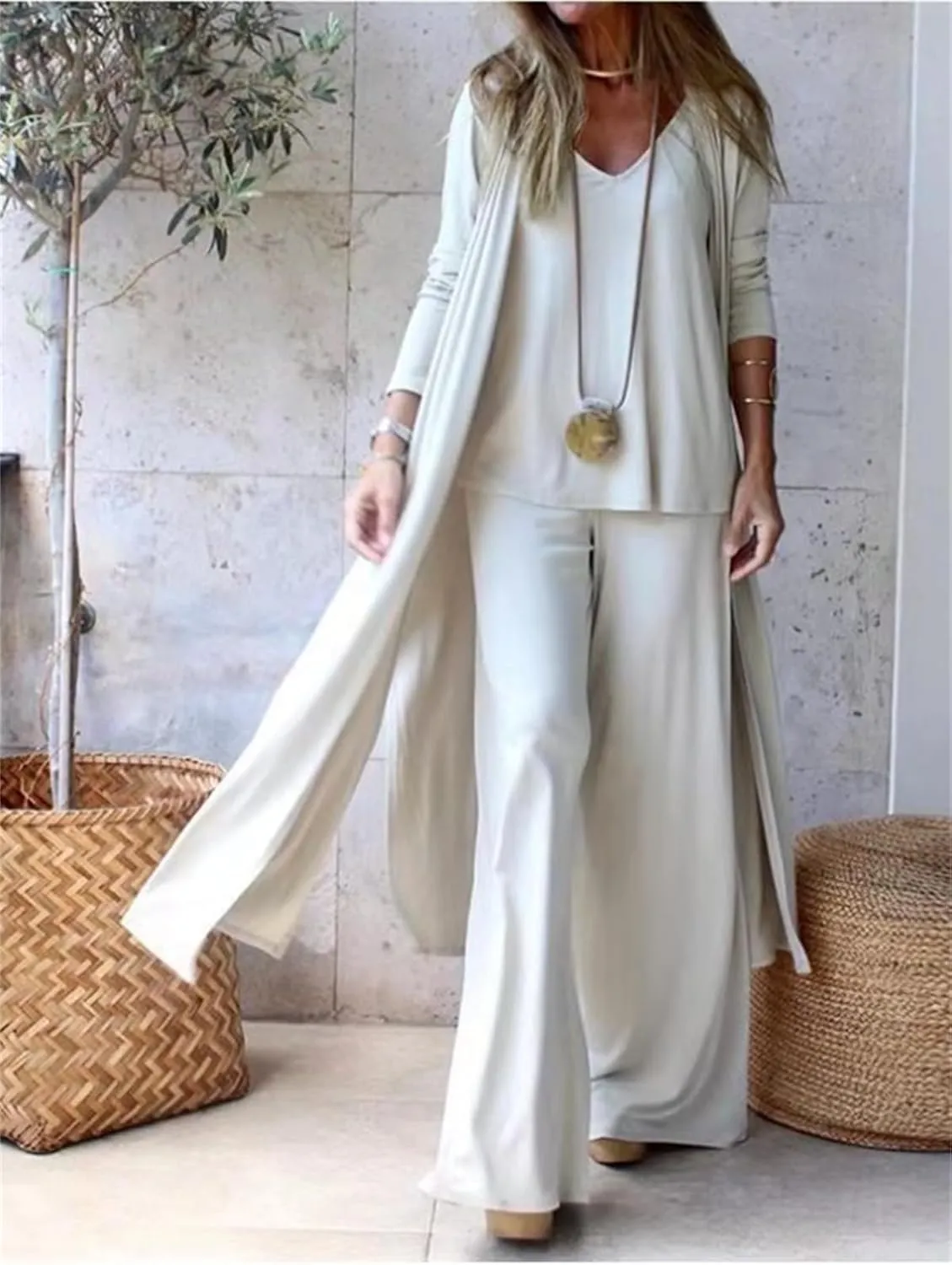HOULENGS Women's Casual 3 Piece Outfits V Neck Vest Cardigan Sets and Wide Leg Long Pants loungewear Suit