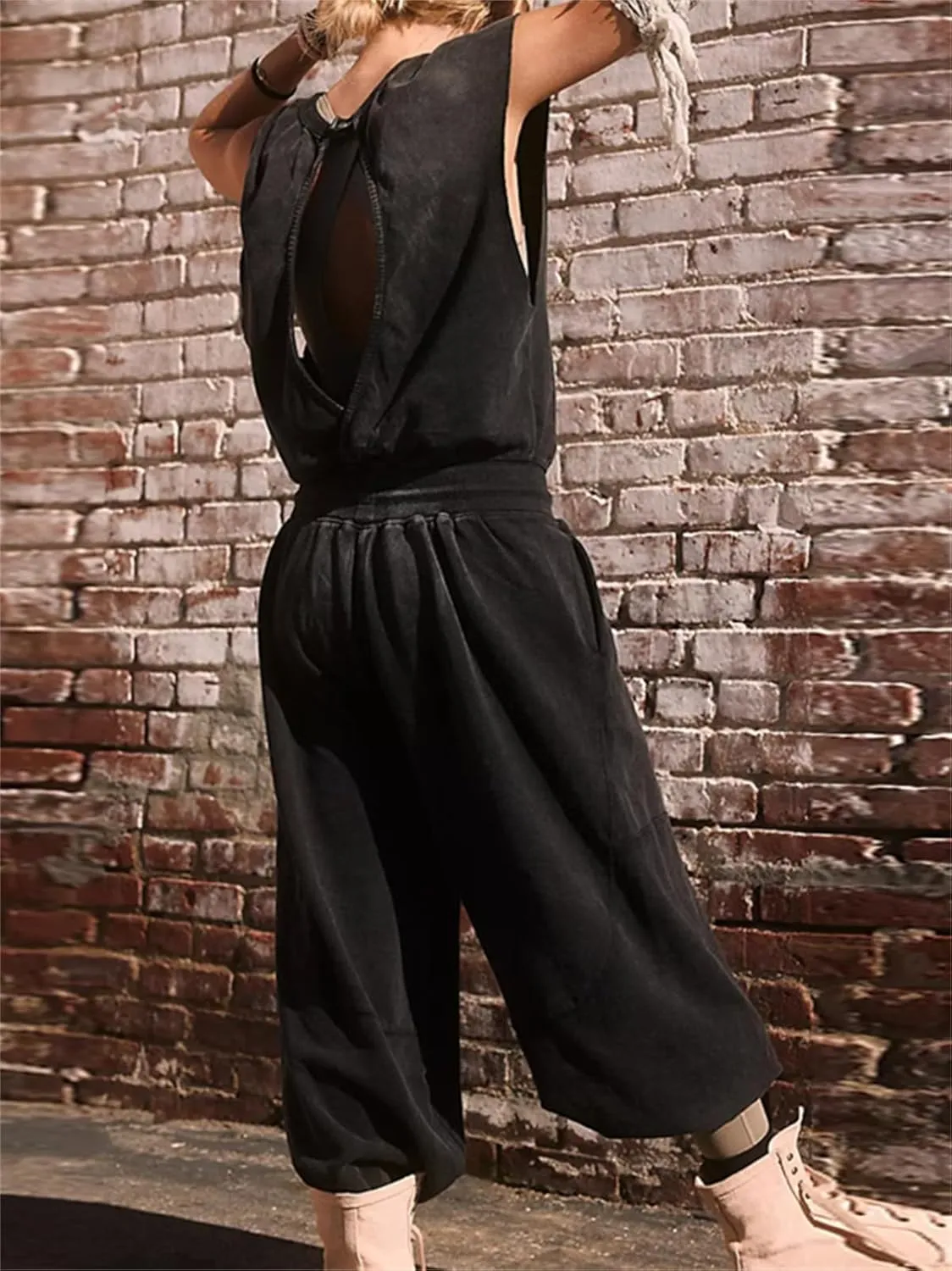 HOULENGS Women's Oversized Open Back Sleeveless Workout Jumpsuit Drawstring Waist Wide Leg Rompers with Pockets