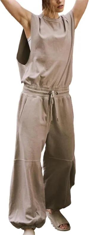 HOULENGS Women's Oversized Open Back Sleeveless Workout Jumpsuit Drawstring Waist Wide Leg Rompers with Pockets