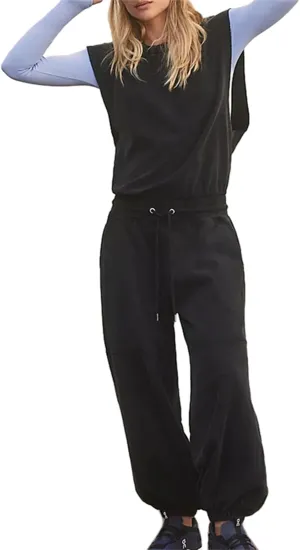 HOULENGS Women's Oversized Open Back Sleeveless Workout Jumpsuit Drawstring Waist Wide Leg Rompers with Pockets