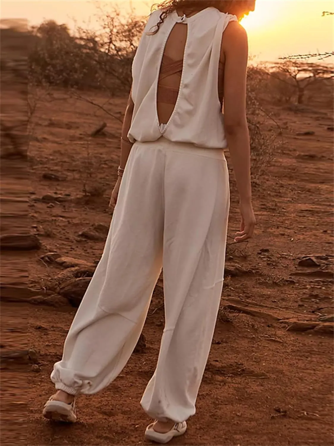 HOULENGS Women's Oversized Open Back Sleeveless Workout Jumpsuit Drawstring Waist Wide Leg Rompers with Pockets