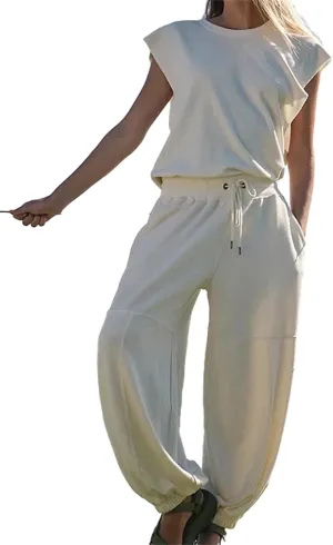 HOULENGS Women's Oversized Open Back Sleeveless Workout Jumpsuit Drawstring Waist Wide Leg Rompers with Pockets