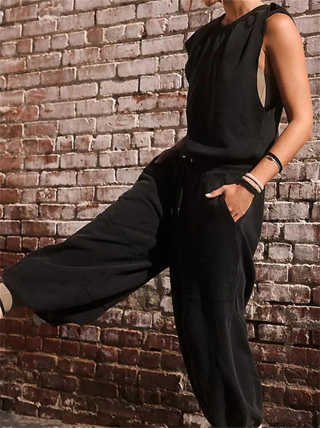 HOULENGS Women's Oversized Open Back Sleeveless Workout Jumpsuit Drawstring Waist Wide Leg Rompers with Pockets
