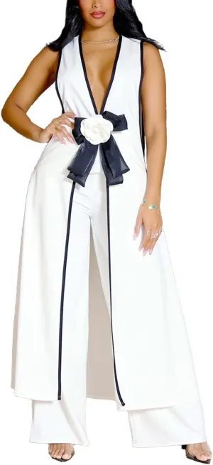 HOULENGS Women's Summer Sleeveless V Neck Jumpsuit Wide Leg Long Pants Rompers with Pockets