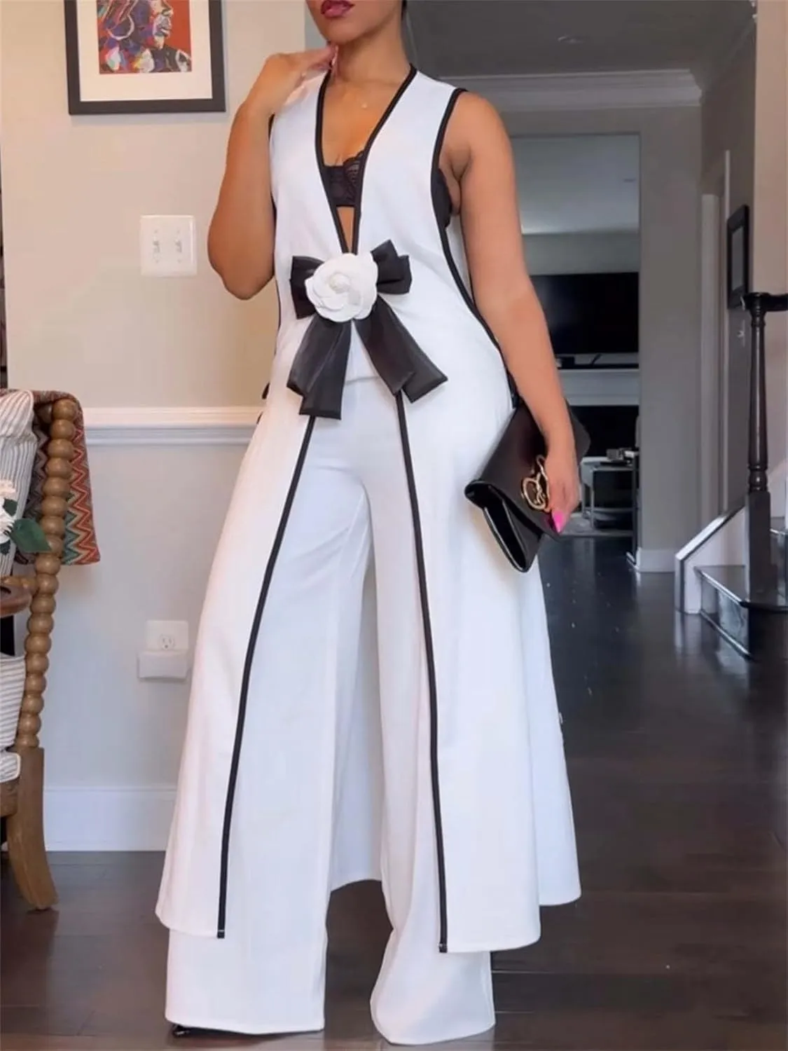 HOULENGS Women's Summer Sleeveless V Neck Jumpsuit Wide Leg Long Pants Rompers with Pockets