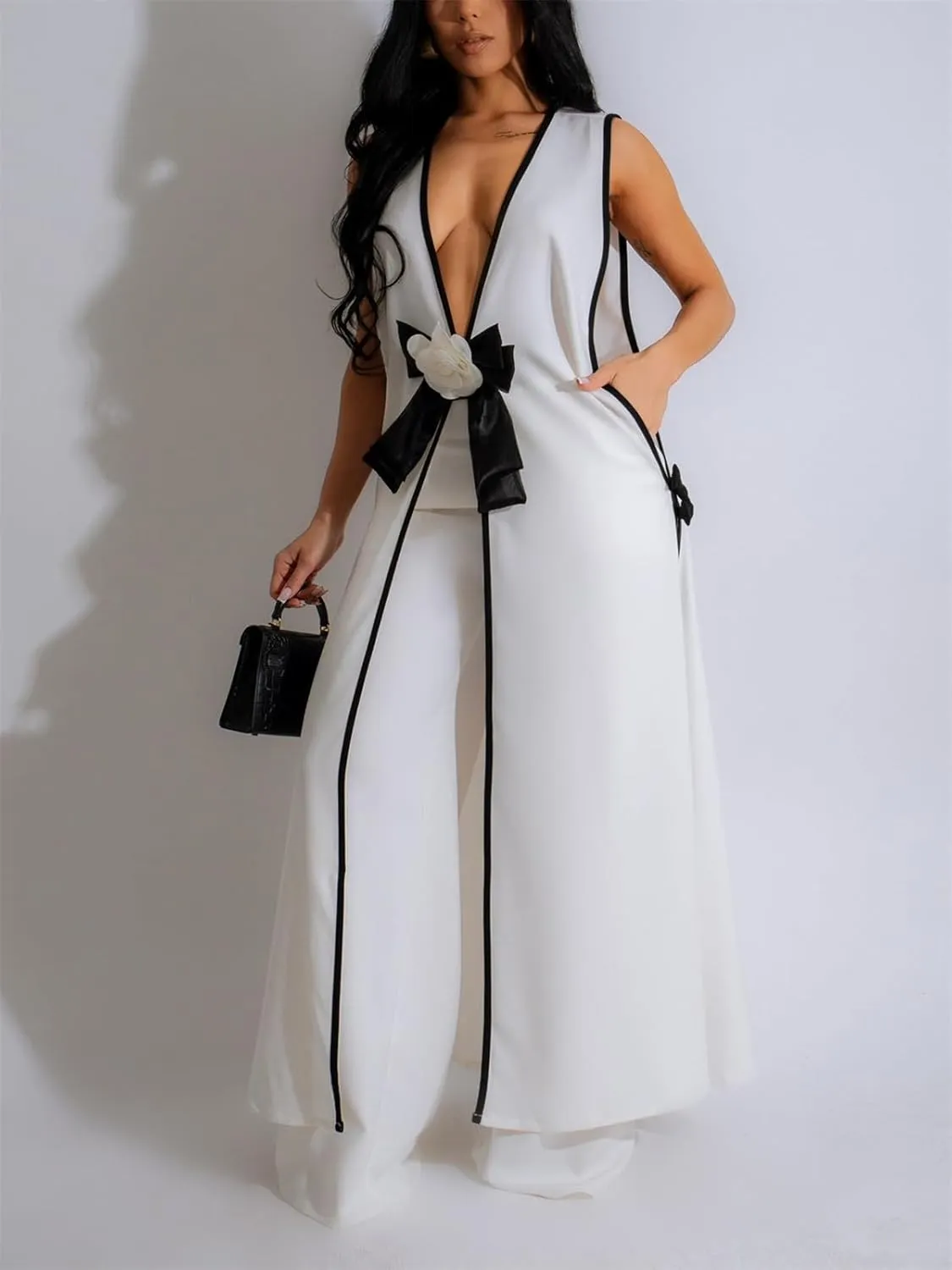 HOULENGS Women's Summer Sleeveless V Neck Jumpsuit Wide Leg Long Pants Rompers with Pockets