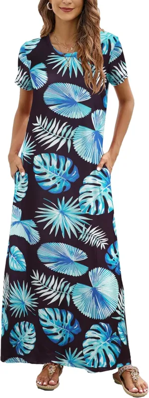 Hount Women's Summer Short Sleeve Maxi Dresses Casual 2025 Loose Beach Sundresses Tshirt Dresses with Pockets