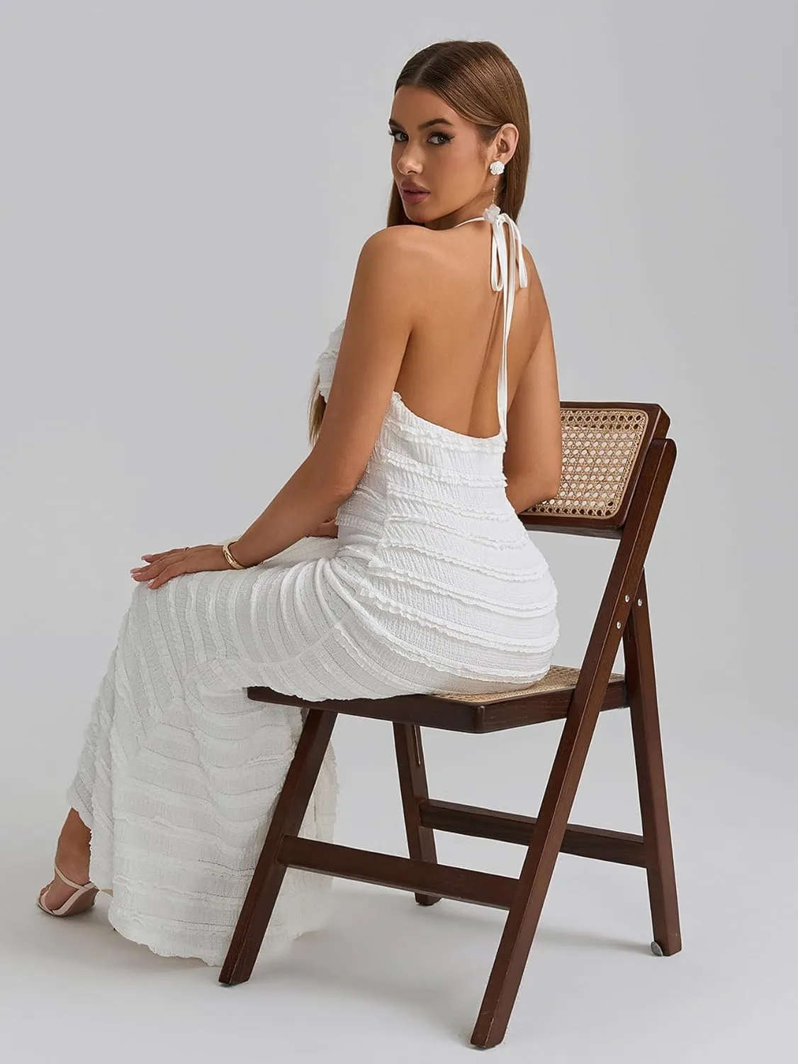 HTZMO Women Elegant Summer Casual Bodycon Maxi Dress Sexy V Neck Halter Ruffle Wedding Guest Formal Long Dresses