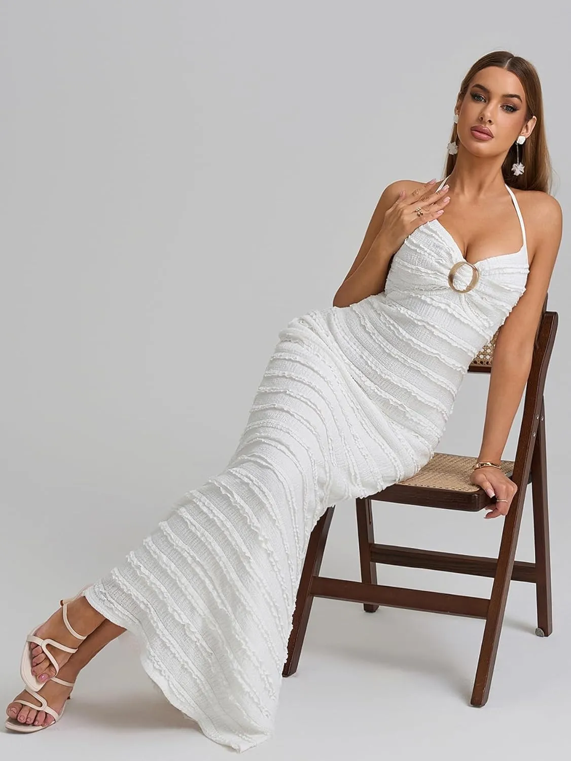 HTZMO Women Elegant Summer Casual Bodycon Maxi Dress Sexy V Neck Halter Ruffle Wedding Guest Formal Long Dresses