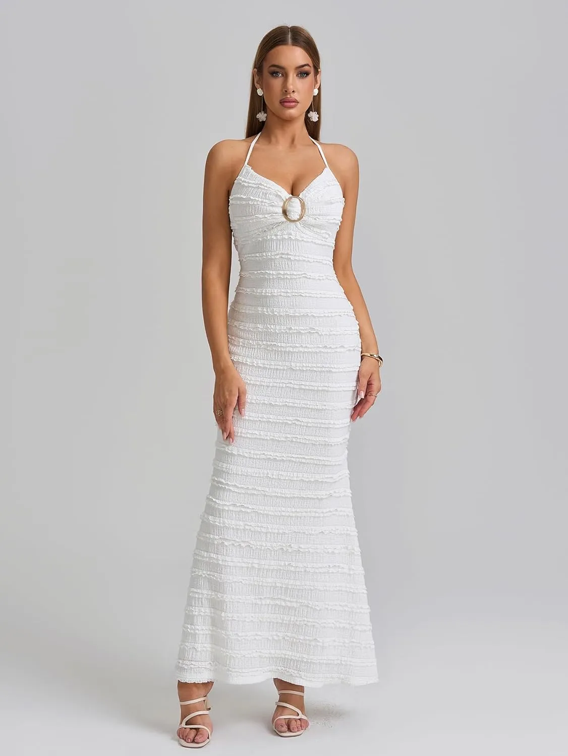 HTZMO Women Elegant Summer Casual Bodycon Maxi Dress Sexy V Neck Halter Ruffle Wedding Guest Formal Long Dresses