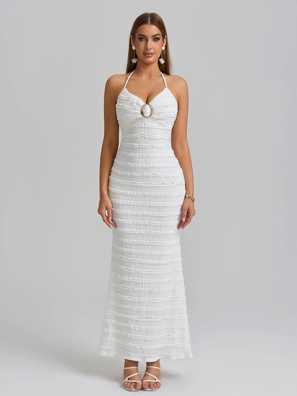 HTZMO Women Elegant Summer Casual Bodycon Maxi Dress Sexy V Neck Halter Ruffle Wedding Guest Formal Long Dresses